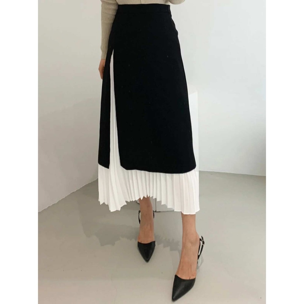COMMENSE Black White Two Tone Pleated High Waist Midi Skirt XS US 2 NWT - Picture 2 of 11